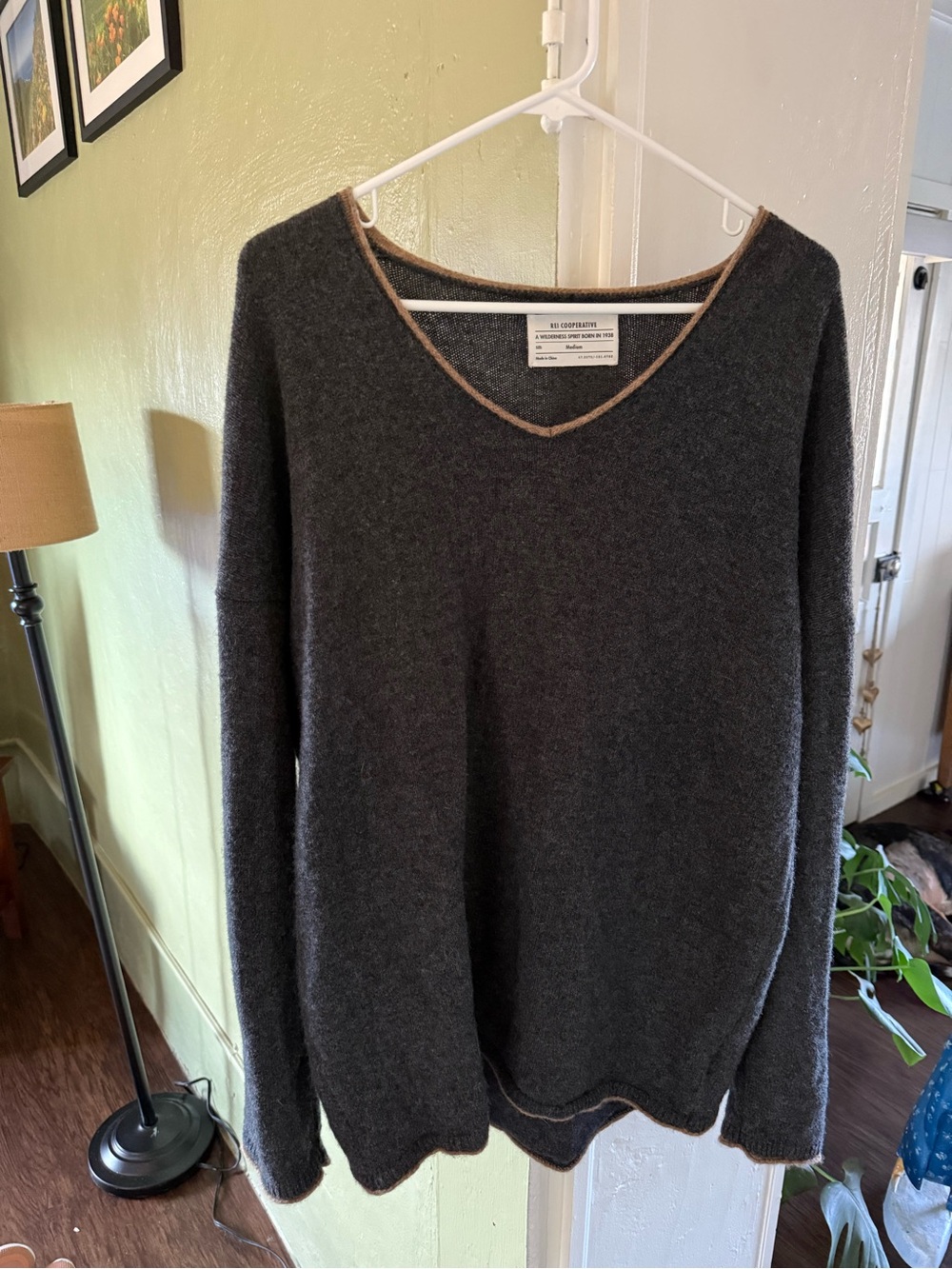 Cooperative Charcoal V-Neck Sweater with Tan Trim